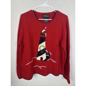 Sag Harbor Christmas Sweater Extra Large Women’s Red Lighthouse Wreath